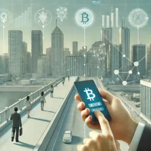 Mercado financeiro brasileiro em 2025, com pessoas utilizando smartphones para serviços digitais, gráficos de investimentos ESG e símbolos de blockchain em um cenário moderno e tecnológico.