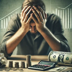 Como sair das dívidas em 2025: pessoa estressada sentada à mesa com contas, moedas e calculadora, representando o impacto de juros altos e inflação.
